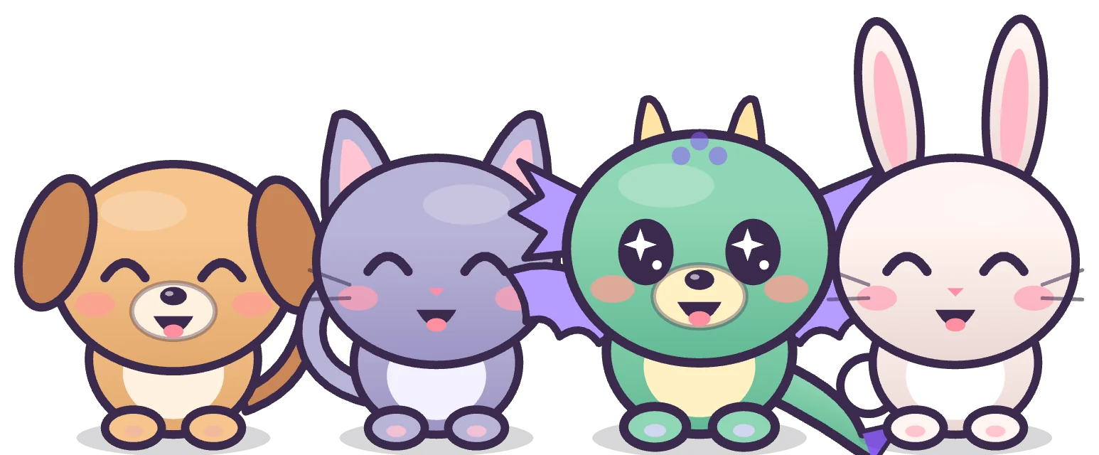 A puppy, a kitten, a baby dragon and a bunny, smiling side by side
