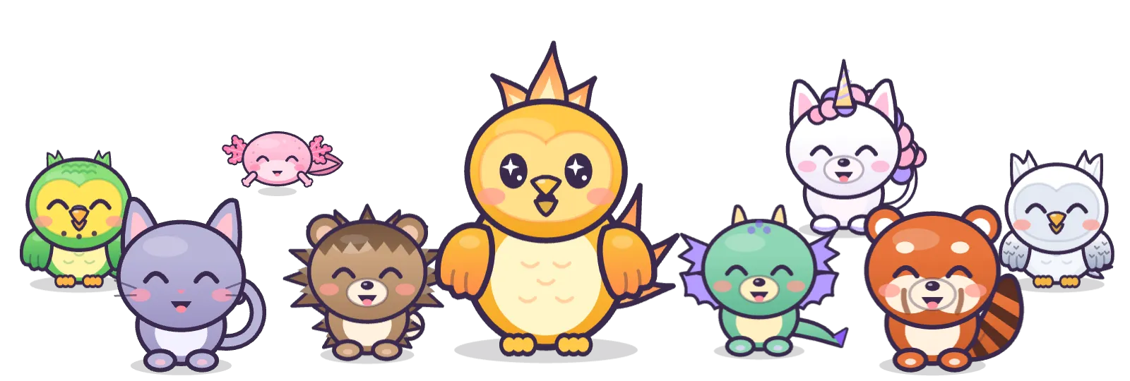A golden phoenix stands in the middle of a crowd of happy creatures: a budgie, axolotl, kitten, hedgehog, baby dragon, unicorn, red panda and snow owl