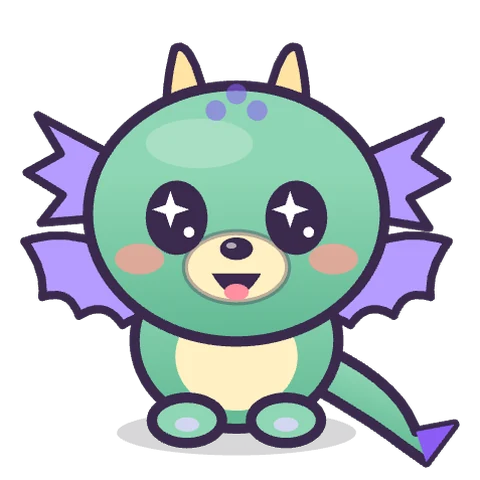 A smiling green baby dragon with purple wings