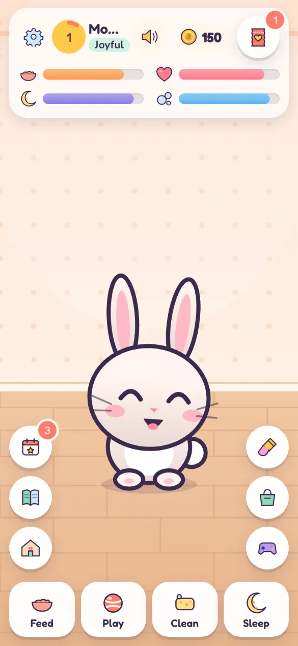 A pet at home with its care bars and buttons