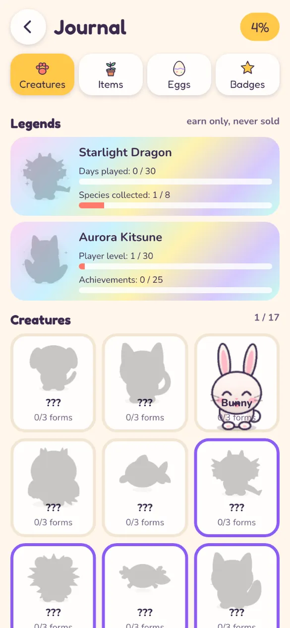 The Collection Journal with Legends and creatures to find