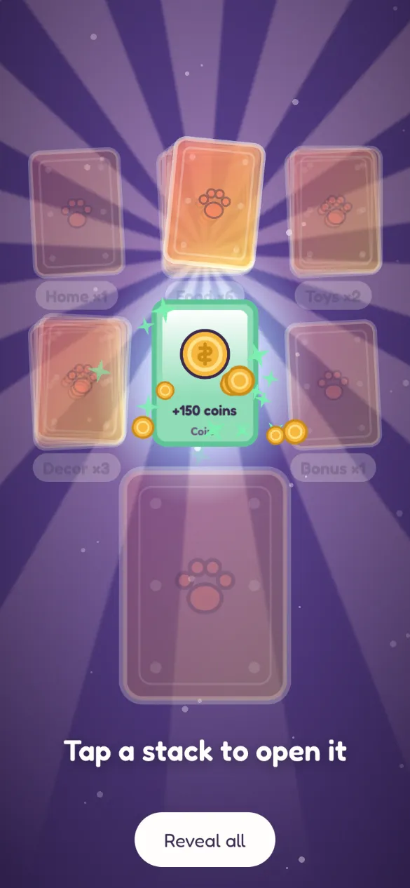 Opening a pack: card stacks fan out on a starburst